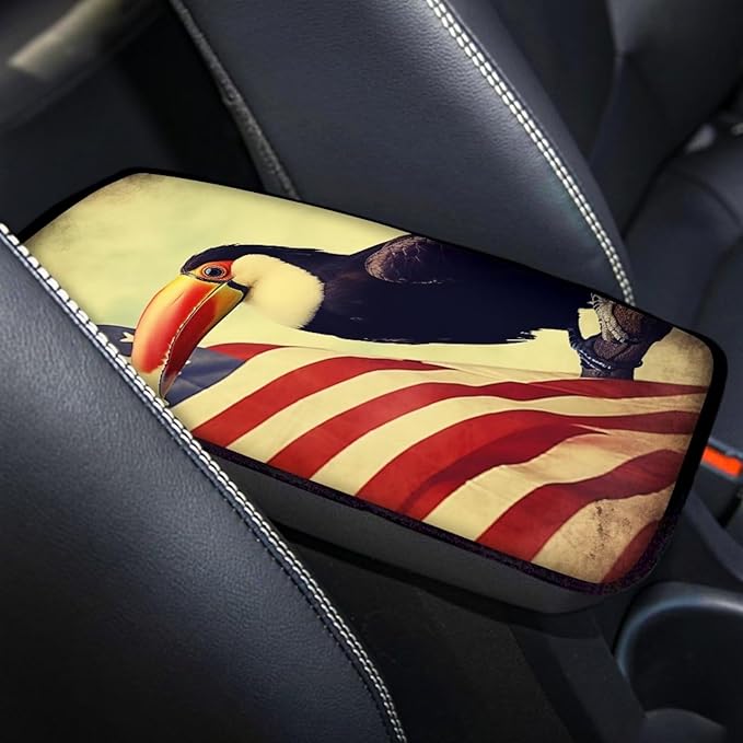 Car Center Console Pad, Universal Waterproof Car Armrest Seat Box Cover, Car Interior Accessories for Most Vehicle SUV Truck Vintage American Flag Toucan Car Armrest Pad