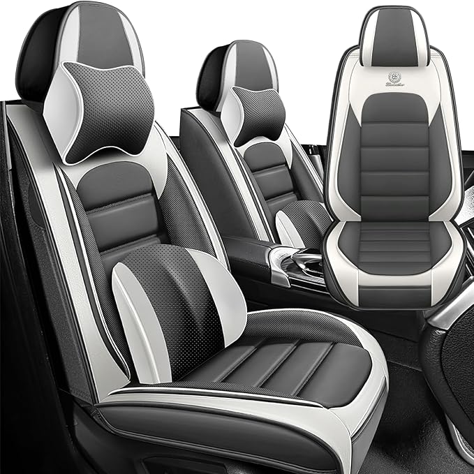 Iceleather Car Seat Covers for Ford Edge 2007-2025,Waterproof Soft Breathable PU Leather Seat Cover with Storage Pockets(Gray&White,Front Set)