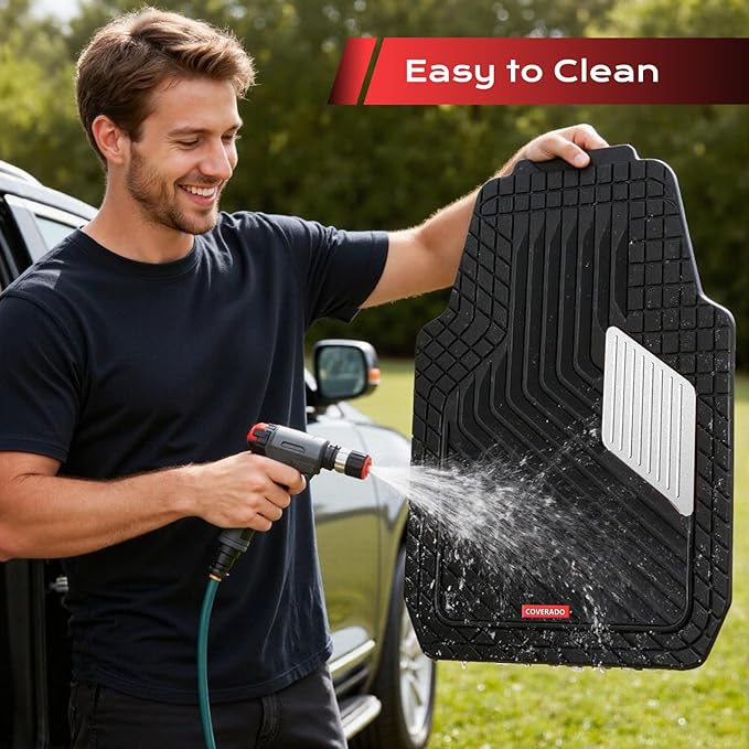 Coverado Car Floor Mats Full Set – Heavy-Duty PVC Floor Mats with Silver Metallic Heel Pad, All-Weather Protection for Front & Rear, Non-Slip Backing, Easy-Clean Interior Liners