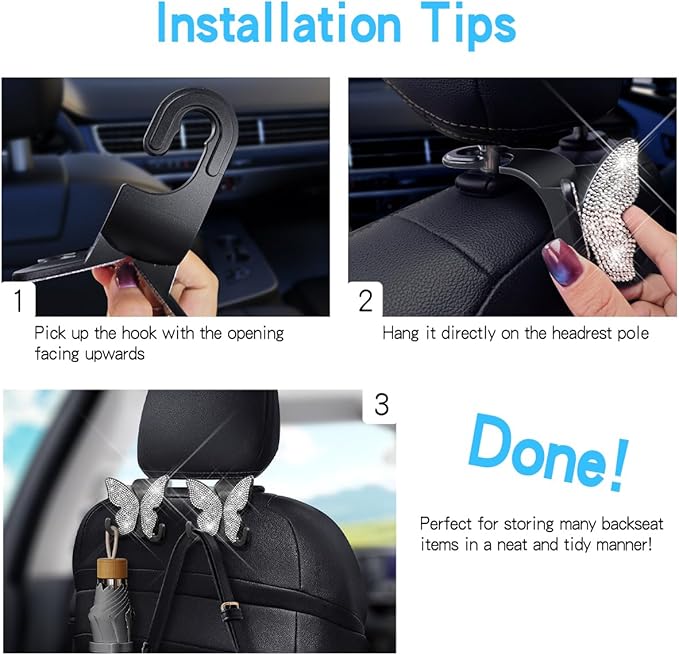 2 Pack Butterfly Bling Car Seat Headrest Hooks for Purses and Bags Aesthetic Design Car Hooks Rhinestones Hanger for Car Back Seat Organizer Storage Hook Bling Black Car Accessories for Women