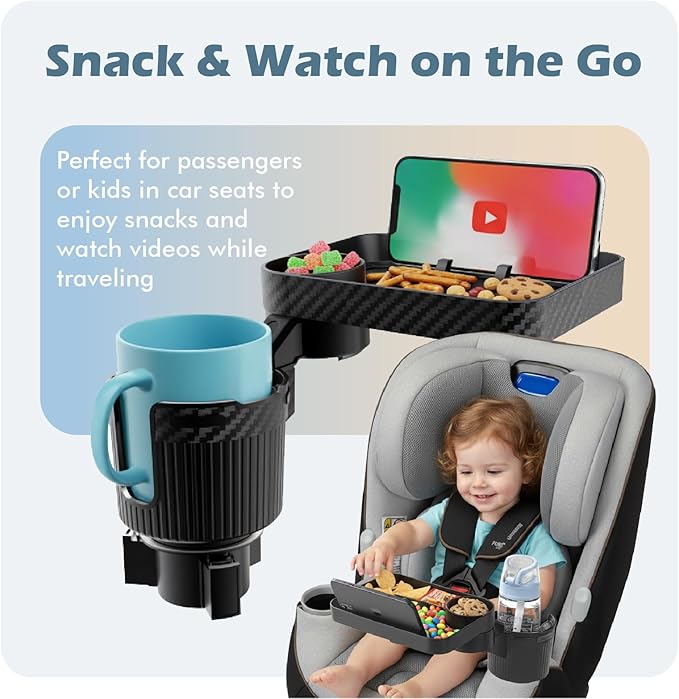 Car Cup Holder Tray, 3 in 1 Cup Holder Expander Adapter for Car, 360° Rotating Detachable 11" Car Food Tray Table for Eating, Road Trip Essentials Fits Yeti, Hydro Flask 16-46 oz, OtterVerz 11