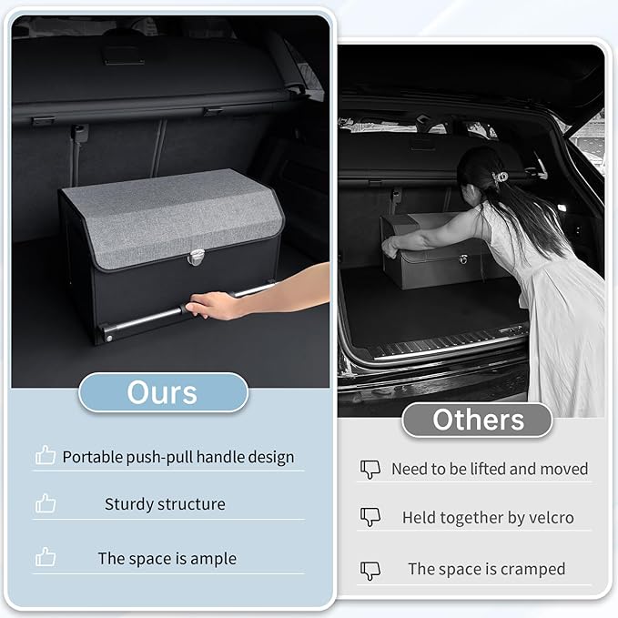 XCF Car Trunk Organizer, Leather Trunk Organizer with Push-pull Handle and Lid Car Trunk Storage Organizer for SUV, Minivan, Truck (Grey, 20.47 x 11.42 x 12.2in)