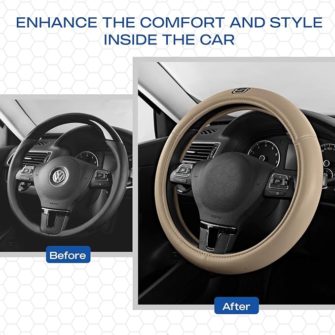 Skechers Memory Foam Steering Wheel Cover,Grade Protein Leather Steering Wheel Cover,Universal Fit 14" 1/2-15" Car Steering Wheel for Men Women Fit Suvs,Vans,Sedans,Car,Trucks,Beige
