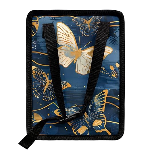 Deep Blue Car Trash Bin Adorned with Gold Butterfly Accents, Featuring a Zippered Portable Design to Keep Vehicle Neat and Organized
