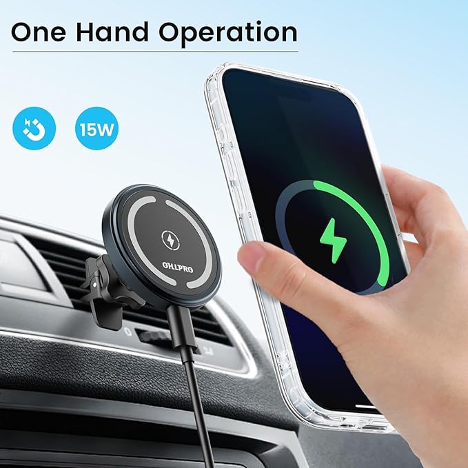 OHLPRO MagSafe Car Mount Charger, 15W QC 3.0 Fast Charging for iPhone 17 ProMax, Pro, Plus, 16, 15, 14, 13, 12 Series, Stick on Car Dashboard & Air Vent Phone Holder