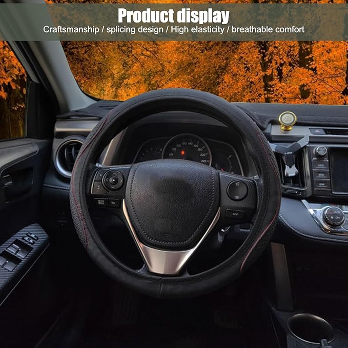 1 PC Car Steering Wheel Cover, 14.96In Waterproof Breathable Leather Vehicle Steering Wheel Anti-Slip Accessories, Universal Automotive Steering Wheel Protector for Truck SUV (Black & Red)