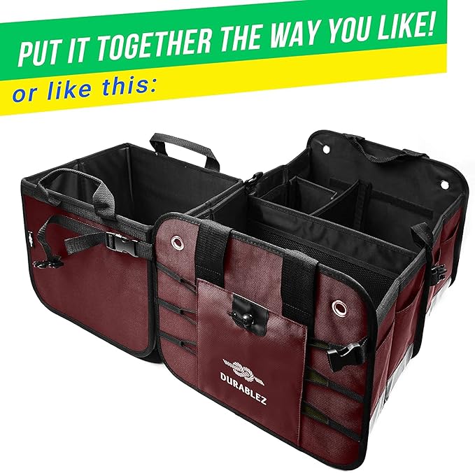 DURABLEZ XL Trunk Organizer 3-Section for SUV, Truck, Sedan, Van – Modular L-Shape Car Storage Box, Collapsible Auto Cargo Organizer with Dividers – Cherry