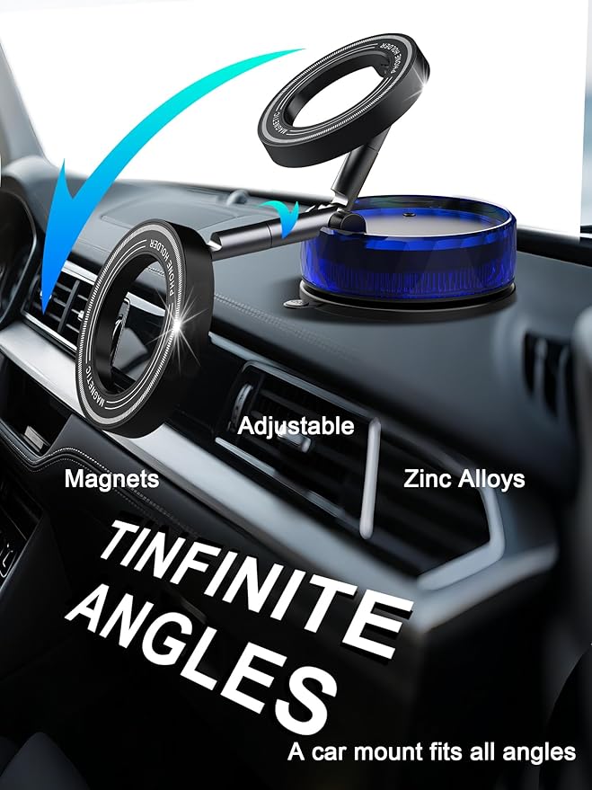 Vacuum Magnetic Phone Holder, Car Phone Mount for iPhone with Magsafe [Suction Cup/Strong Magnet/360°Adjustment/Foldable Arm] Cell Phones Holders for Car Accessories (Blue)