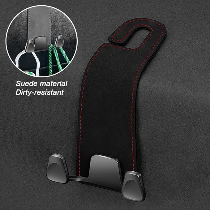 Car Seat Headrest Hook, 2PCS Leather & Metal Double Hook Vehicle Back Seat Hanger Holder for Phone Handbag Purse, Automobile Storage Organizer, Universal for Van Truck Sedan (Black)