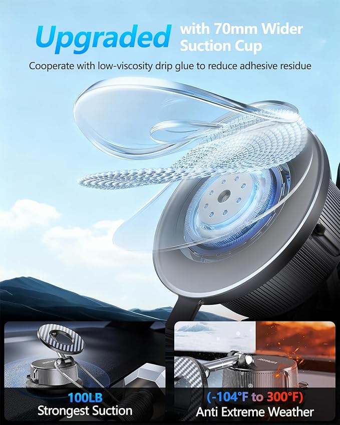 VIPWISE Magnetic Phone Holders for Your Car [89+LBS Suction & 3200gf Magnetic] 360° Adjustable Magsafe Car Phone Mount, Vacuum Suction Cup Car Mount for iPhone 17 Pro Max 16 15 14 13 12 Air Plus