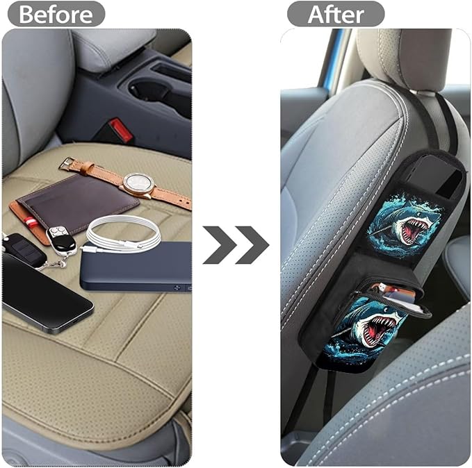 Crazy Shark Auto Seat Side Storage Hanging Bag Multi-Pocket Car Seat Side Storage Organizer Front Seat Phones, Drink, Stuff Holder for Cars, SUV & Truck