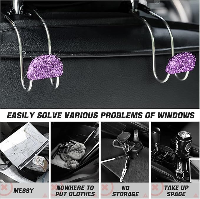 AUCELI Car Headrest Hook, 2 Pack Bling Backseat Organizer Hanger for Purse Clothes Grocery Bag, Rhinestones Auto Headrest Storage Holder, Universal Car Seat Accessories for Most Vehicle (Purple)