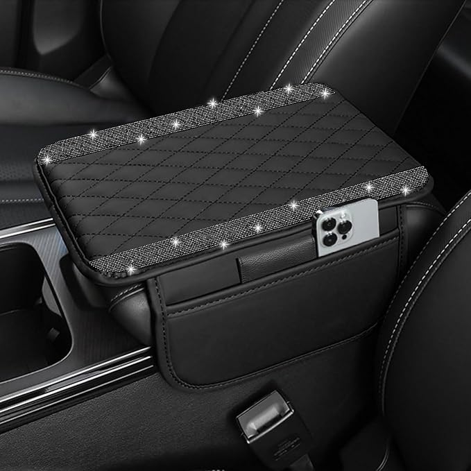 NBTEPEM Bling Car Center Console Cover, Leather Car Arm Rest Cover Cushion with 2 Storage Bags, Universal Automotive Armrest Protector Storage Box, Bling Accessories Interior for Most Vehicles (Black)