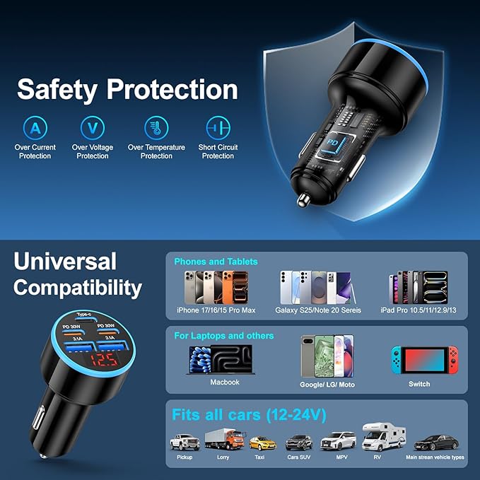 [5 in 1] USB C Car Charger, 5-Port 90W Fast Charging Cigarette Lighter Adapter with USBC Cable,Dual 30W USBC & USB-A Multiport Car Phone Charger with Voltmeter for iPhone 17/16/15 Pro Max,iPad,Galaxy