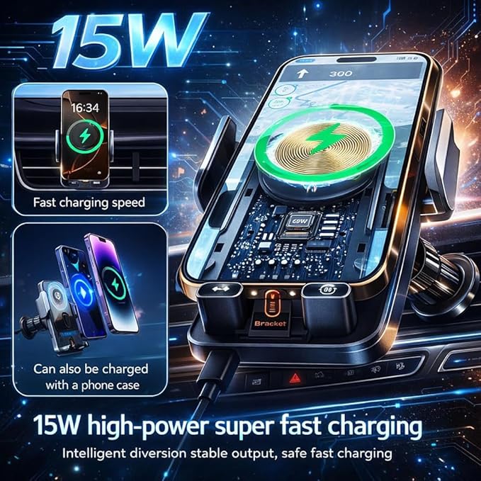 2026 New Cool Car Wireless Fast Charging Phone Holder, High Intelligent 2 in 1 Wireless Charging Rotating Car Mount, Auto-Clamping Dashboard Cars Bracket with Charger Station for All Smart Phone (B+)