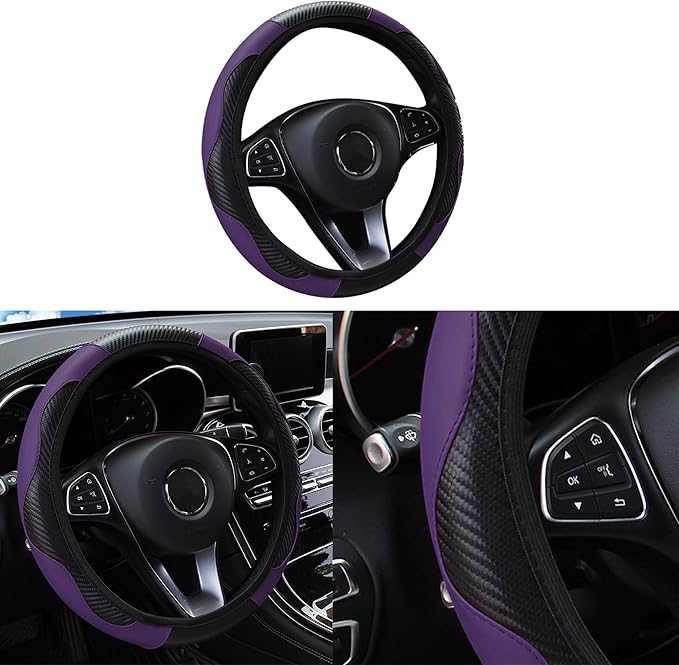 Car Steering Wheel Cover, 15 inch Carbon Fiber Microfiber PU Leather Elastic Steering Wheel Protector for Men Women, Anti-Slip Breathable Car Interior Accessories for Most Cars (Purple)