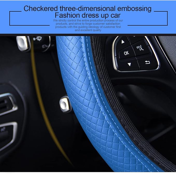 Leather Car Steering Wheel Cover, Elastic, Breathable Anti-Slip, Universal 15 inch, Steering Wheel Cover for Men Women (Blue)