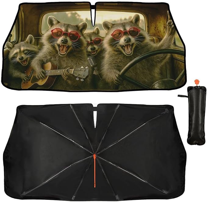 DOPINDU Funny Raccoon Car Windshield Sun Shade Umbrella Bendable Handle Foldable Animal Print Sunshade for Car Windshield Block UV Rays Keep Vehicle Cool for Most Sedans SUV Trucks Cars 57"x30"