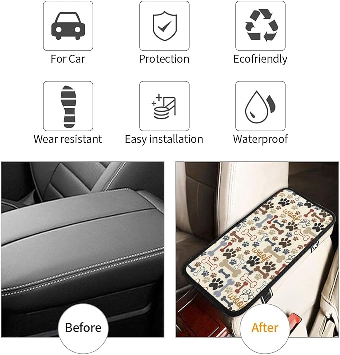 THOEWONG Animal Dog Paw Prints Bones Universal Auto Center Console Armrest Soft Pad Protector Cover Fit for Most Vehicle,SUV,Truck Car Accessories