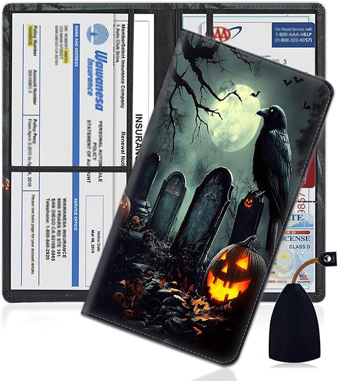 Car Registration Holder, PU Leather Vehicle Glove Box Organizer for Driver License, Document, Car Insurance Holder with Magnetic Shut, Auto Paperwork Wallet Case Accessories, Halloween Pumpkin