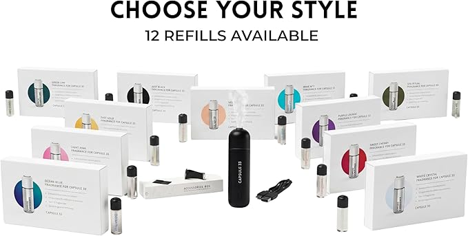 Capsule 33 Car Perfume Starter Pack, Car Air Freshener, Ultrasonic Aroma Diffuser, 6 Fragrances (White Crystal, Red Diamond, East Gold, Ocean Blue, Sweet Cherry, Light Pink) (Black)