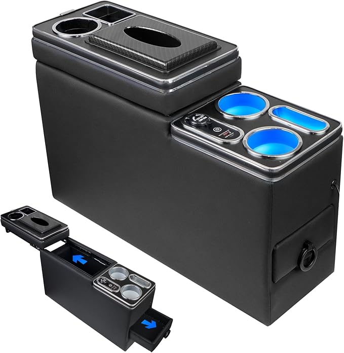 Center Console Between Seat Organizer for Minivans & SUVs - Tissue Box, Type-C & USB Fast Charge, 7-Color Ambient Light, Cup Holders, Middle Van Floor Console Storage Box (Black)