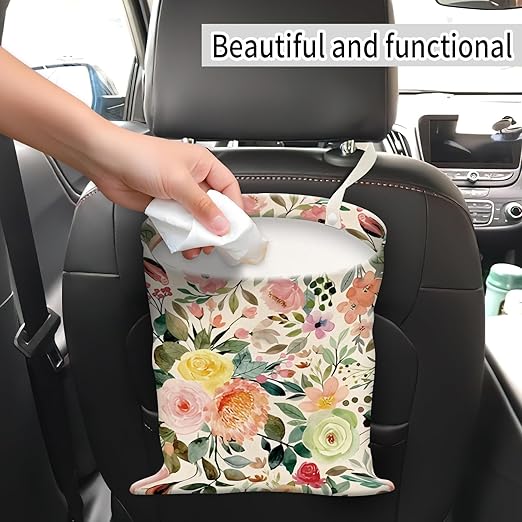 AUEKLLW Car Trash Can, Hanging Garbage Bin for Men and Women, Cute Car Organizer and Storage Bag, Canvas Vehicle Trash Can Bag Easy-to-Install Cute Poney