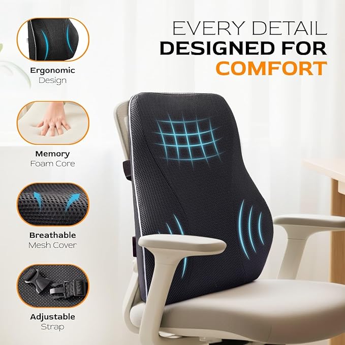 TULARIS Extra Dense Lumbar Pillow with Double Adjustable Straps - Ergonomic Lumbar Support Pillow for Office Chair, Car, Couch Firm Back Support for Lower Back & Spine Pain Relief Memory Foam Cushion