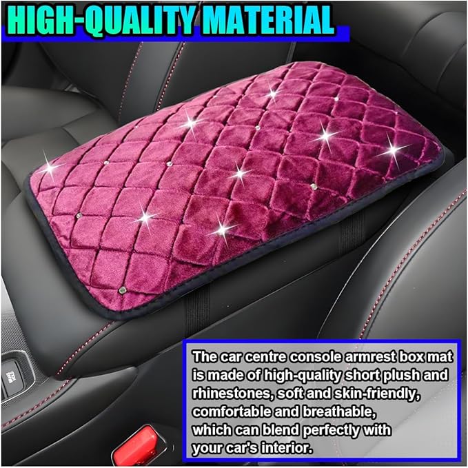 Bling Car Center Console Cover, Soft Comfortable Fluffy Car Armrest Cover, Crystal Rhinestone Seat Box Cushion Protector, Automotive Interior Decoration Accessories for Most Vehicles (Rose Red)