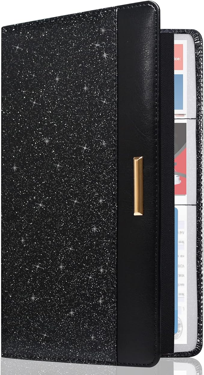 Caweet Car Registration and Insurance Holder Vehicle Glove Box Organizer Leather Document Holder for Driver's License, ID, Key Information Cards with Elastic Band Closure, Glitter Black