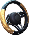 Xizopucy Black Gold Leather Bling Steering Wheel Cover, Anti-Slip Steering Wheel Protector with Crystal Rhinestones, Bling Steering Wheel Cover for Women and Girl Fit 14.5-15 inch