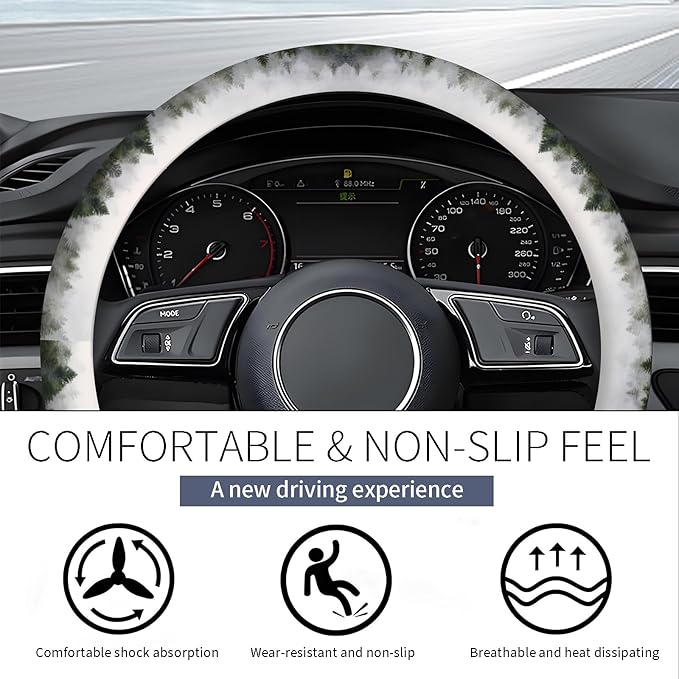 Steering Wheel Covers for Car, Truck, and SUV, Cute Non-Slip Breathable Elastic Steering Wheel, Car Accessories, Universal 15 Inch Leather Cover for Men Women Green Forest