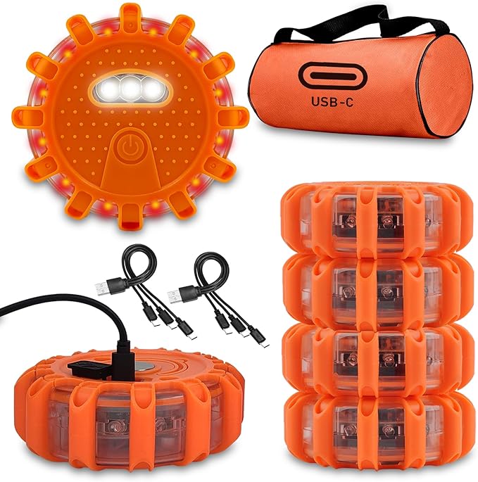 Ecoangel USB-C Rechargeable LED Road Flares Emergency Lights-Large Capacity (Lithium Battery) 3 in 1 Cable Roadside Warning Car Safety Beacon Flashing Disc Kit with Magnetic Base for Vehicles