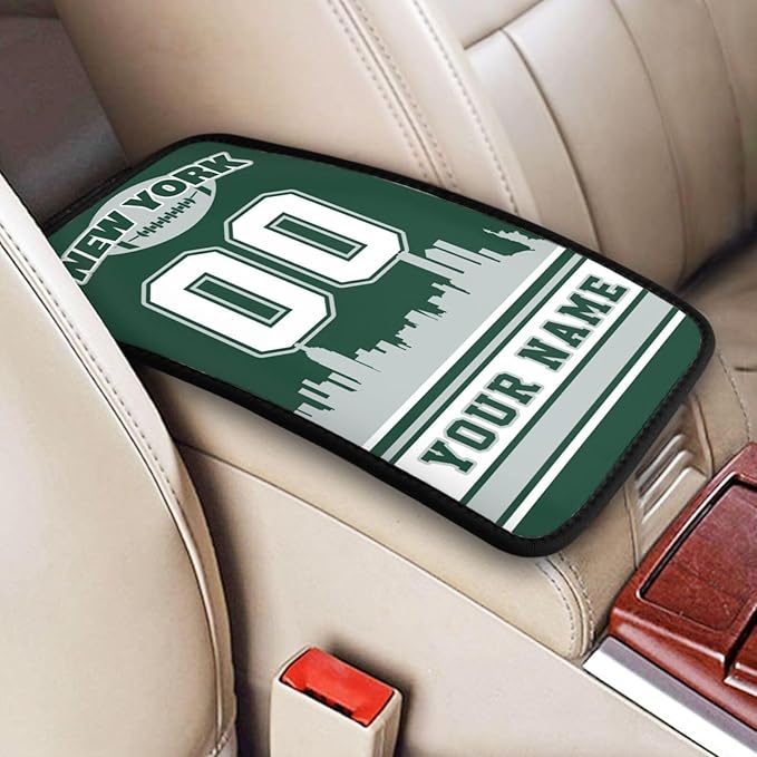 Custom New York J Car Armrest Covers Personalized Football Style with Name Number Customized Auto Center Console Pad Car Handrail Box Cushion for Most Vehicle Decor Accessories, Fans Gift