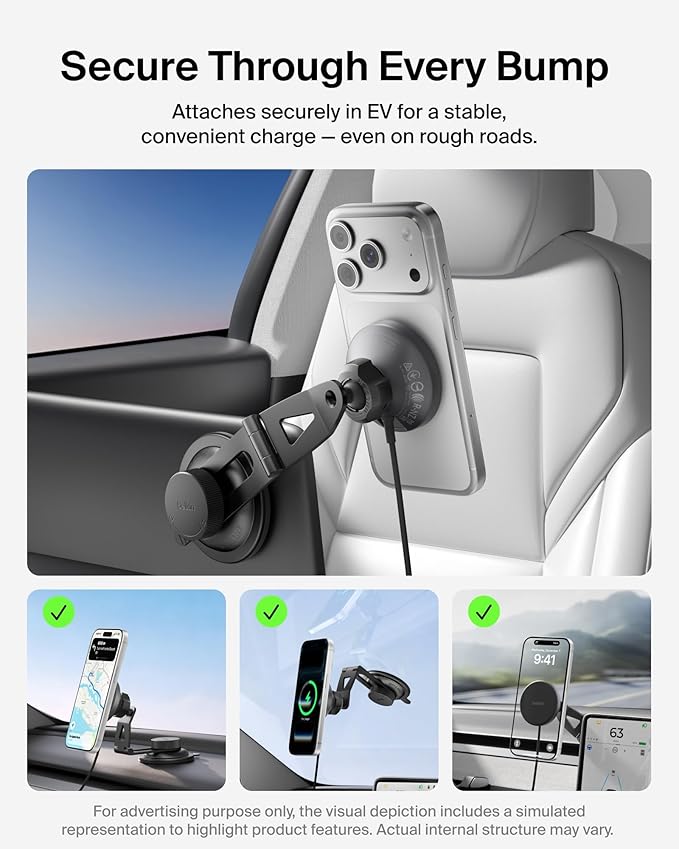 Belkin Wireless Car Charger, Magnetic Wireless Phone Mount for EV w/ 1M USB C Cable, Qi2 MagSafe Compatible Fast Charging for iPhone 17, Galaxy S25, Pixel 10, & More - Travel Accessories - Black