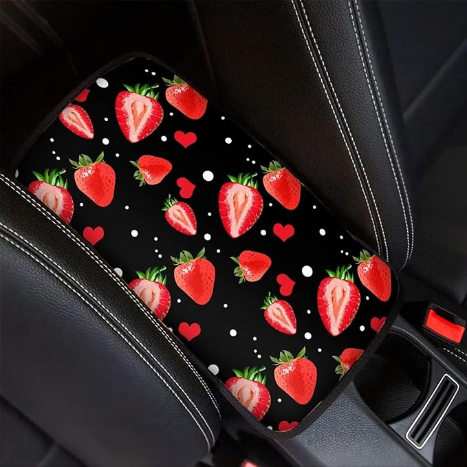 GLENLCWE Strawberry Print Car Armrest Cover for Women Soft Auto Center Console Pad for SUV/Truck/Car