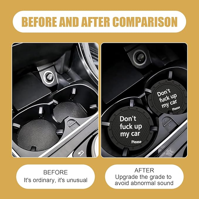 leechio 2 PCS Car Cup Coasters, Insulated Silent Cup Holder Coaster, Don't Fuck Up My Car Personalized Slogan Decorative Center Console Cup Holder Honeycomb Anti-Slip Drink Mat, for Most Cars (Black)