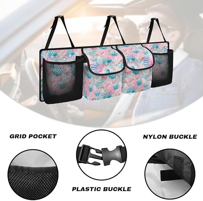 CLOHOMIN Blue Pink Shell Starfish Car Trunk Organizer Back Seat Hanging Trunk Compartment Organizer Collapsible Cargo Bag with 4 Pockets
