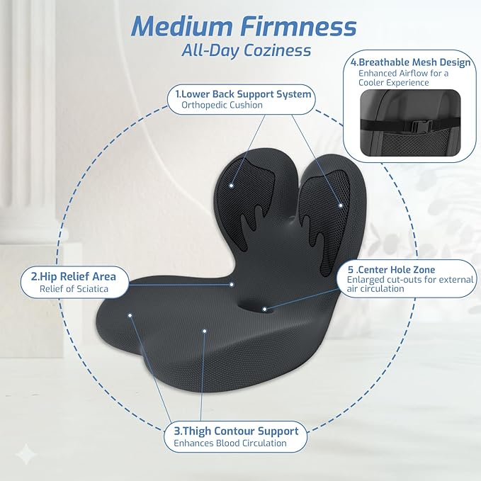 Trucker Seat Cushion, Car Seat Cushion Memory Foam Ergonomic Lumbar & Tailbone Support Pillow for Hemorrhoid, Coccyx & Sciatica Relief, for RV, SUV, Office Chair, Wheelchair (Black)