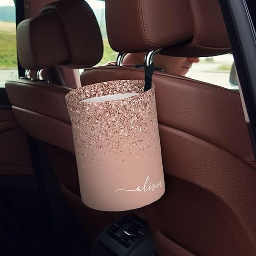 Blush Pink Rose Gold Glitter Car Trash Can Leak Proof Hanging Waterproof Garbage Can Multipurpose Trash Bin for Car SUV Front Seat Headrest Collapsible and Portable Storage Pocket
