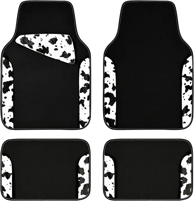 CAR PASS Waterproof Universal Fit Car Floor Mats, Cow Print Car Mats Fit for SUV,Vans,sedans, Trucks,Set of 4pcs Car Carpet with Driver Heel Pad and Nibs Backing,or Cute Women Girly Funny Black White
