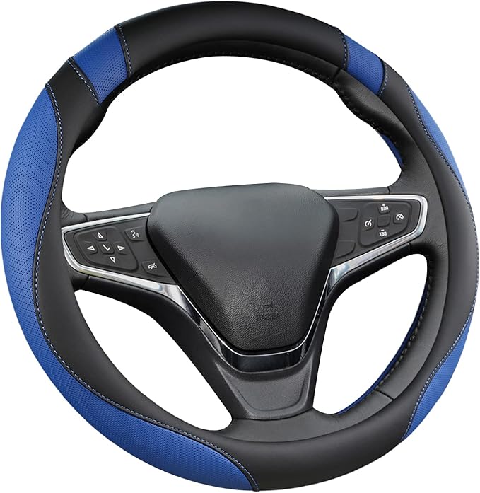 West Llama Customized Auto Car Steering Wheel Cover for Chevy 14.5-15 inches, Steering Wheel Cover for Chevrolet (Black+Blue - Standard Size)