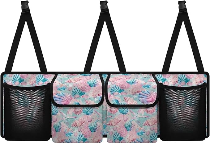 CLOHOMIN Blue Pink Shell Starfish Car Trunk Organizer Back Seat Hanging Trunk Compartment Organizer Collapsible Cargo Bag with 4 Pockets