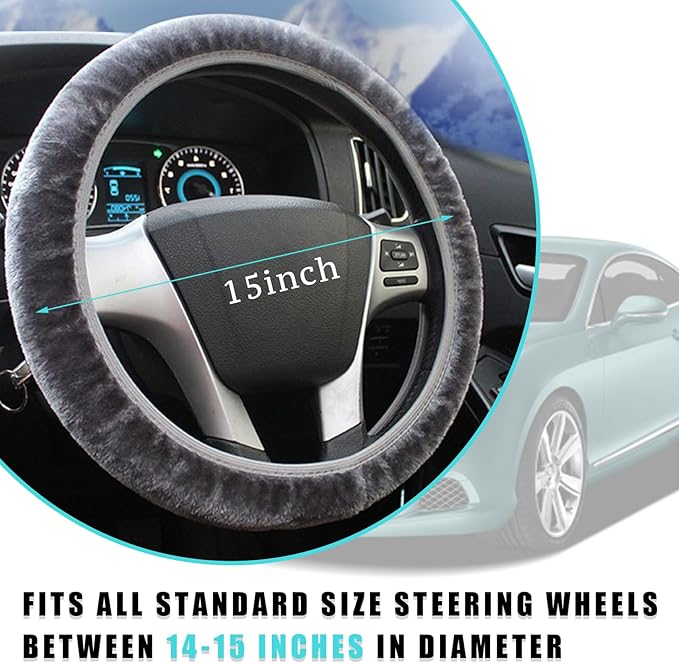 Ziciner Elastic Fuzzy Steering Wheel Cover, 15'' Soft Steering Wheel Protector for Warm Winter, Anti-Slip Fluffy Car Wheel Covers, Universal Car Interior Decor Accessories for Women Men (Gray)