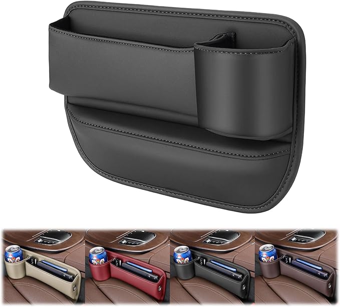 Peticehi Car Leather Cup Holder Gap Bag, No Logo Leather Car Seat Storage Box with Water Cup Holder, Car Seat Gap Filler Organizer (for Passenger seat,Black)