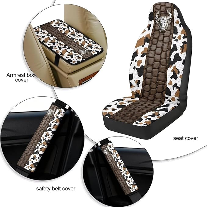 Qeluxign Cow Print Bull Automotive Seat Covers 5 Piece Universal Fit Car Accessories with Soft 2 Pack Seat Belt Cover Pads and Center Console Armrest Covers for SUV Truck Interior Set
