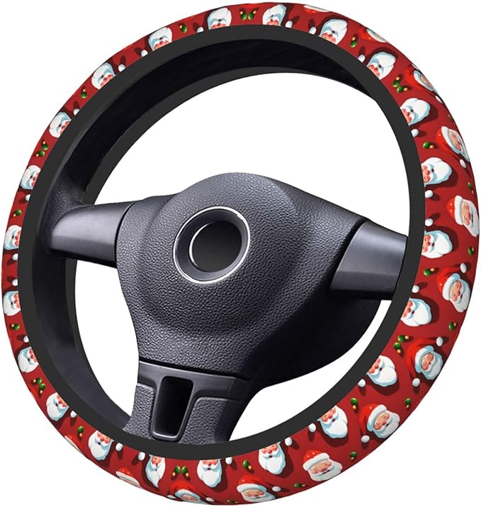 Red Santa Pattern Universal Fit Steering Wheel Cover for Car, Truck, and SUV, Durable Steering Wheel Protection