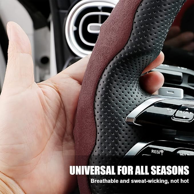 Car Steering Wheel Cover, Microfiber Suede Leather and Carbon Fiber Double Sided Design, Warm in Winter and Cool in Summer, Breathable Non Slip Segmented Protector for Most Cars (Turn Fur/Coffee)