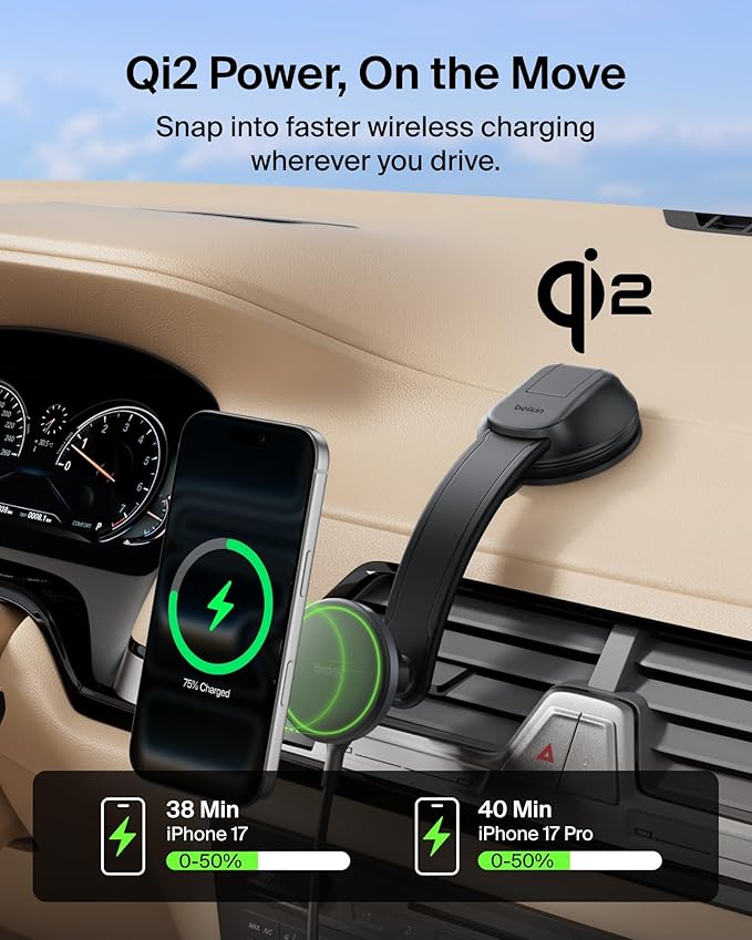 Belkin Wireless Car Charger, Magnetic Car Dash Mount w/ 1M USB C Cable, Qi2 MagSafe Compatible Fast Charging iPhone Charger for iPhone 17, Galaxy S25, Pixel 10, & More - Travel Accessories - Black