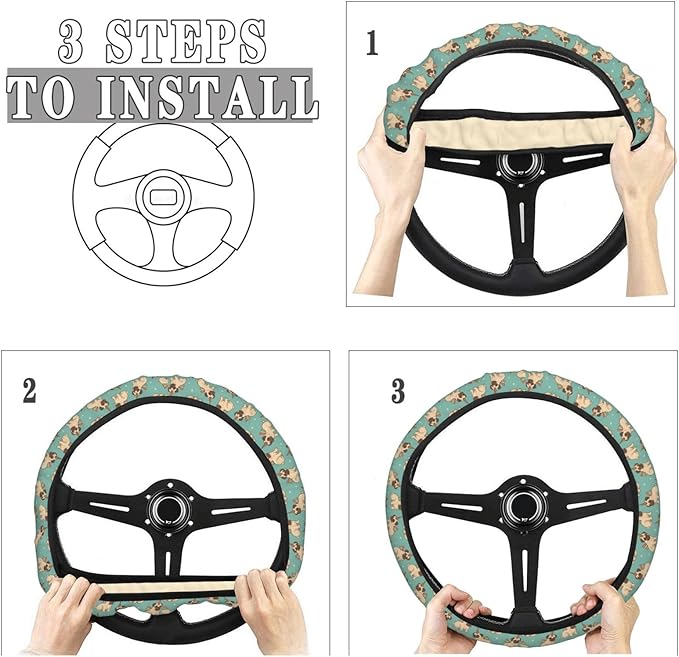 FeHuew Cute Unicorn Pug Puppies Steering Wheel Cover for Women, Girls 15 inch Universal Auto Car Anti Slip Wrap Steering Wheel Covers Fit for Vehicles, Truck, SUV